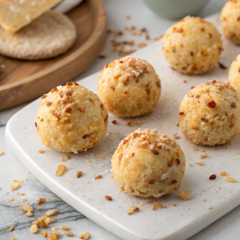 Plain bagel mini cheese ball bites coated with crushed bagel topping and crumbs on a marble tray.