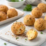 Golden-brown bagel mini cheese ball bites with herbs and breadcrumbs on a marble board, one with a bite taken out.