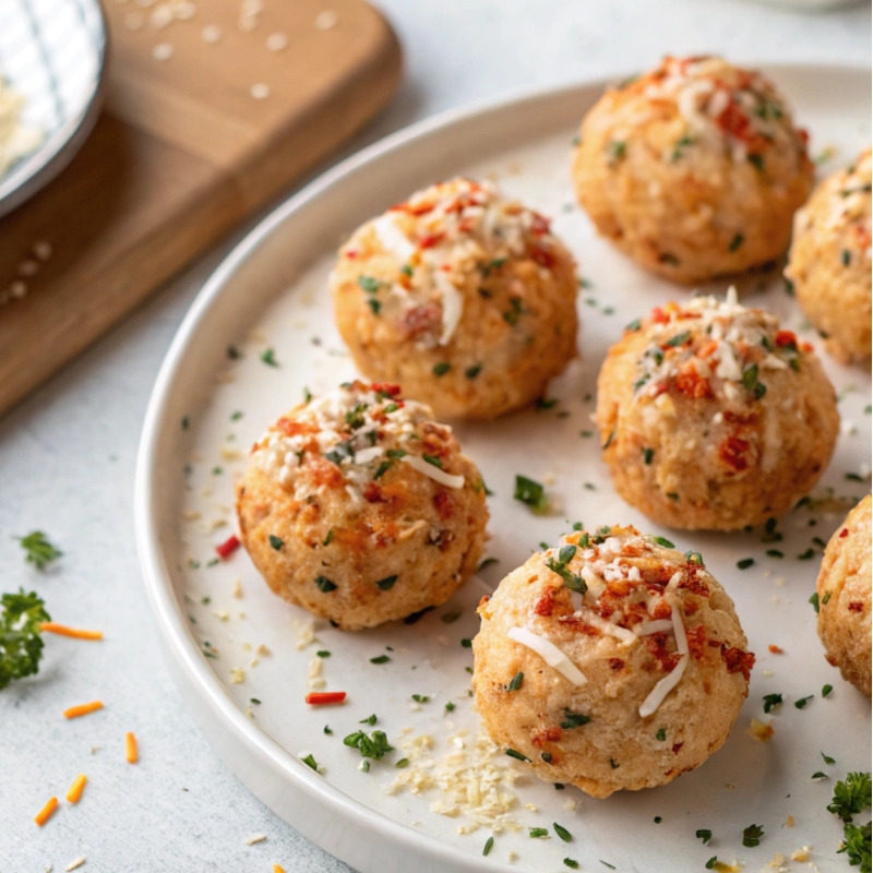 Bagel mini cheese ball bites topped with shredded cheese and herbs, served on a white plate with scattered seasonings.