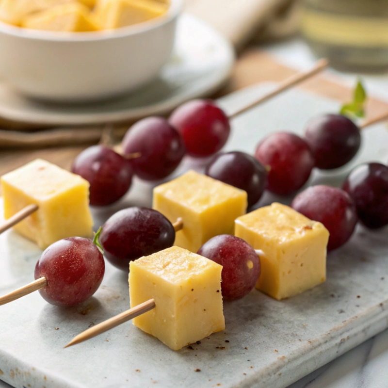 Close-up of cheese and grape skewers with red grapes and cheddar cubes on a marble board.