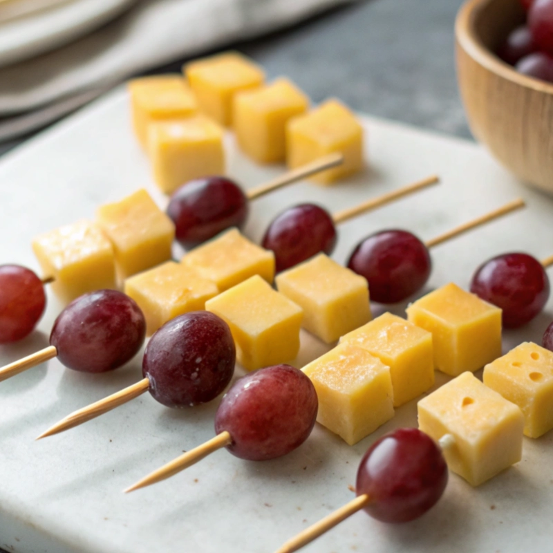 Multiple skewers lined with alternating cubes of cheese and whole red grapes, served on a white marble platter.