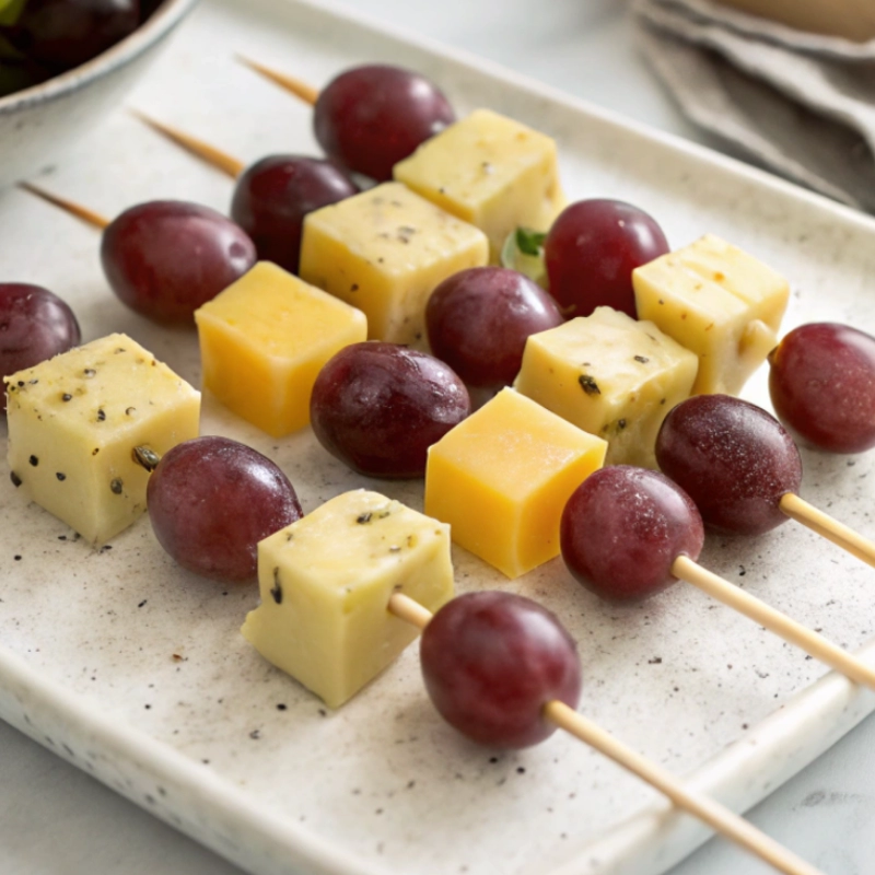 Cheese and grape skewers featuring seasoned cheese cubes and red grapes arranged on a speckled ceramic tray.