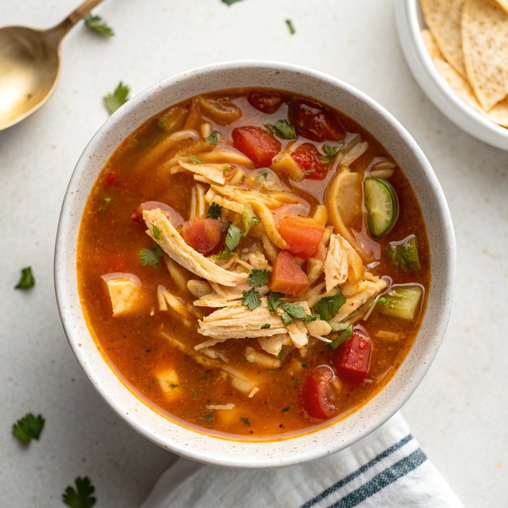 Bowl of chicken tortilla soup topped with shredded chicken, tomatoes, and cilantro.