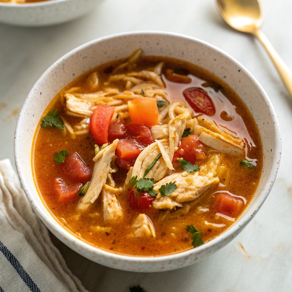 Chicken tortilla soup in a white bowl with shredded chicken, tomatoes, and herbs.