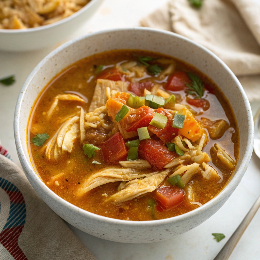 Bowl of chicken tortilla soup with tomatoes, peppers, and shredded chicken.