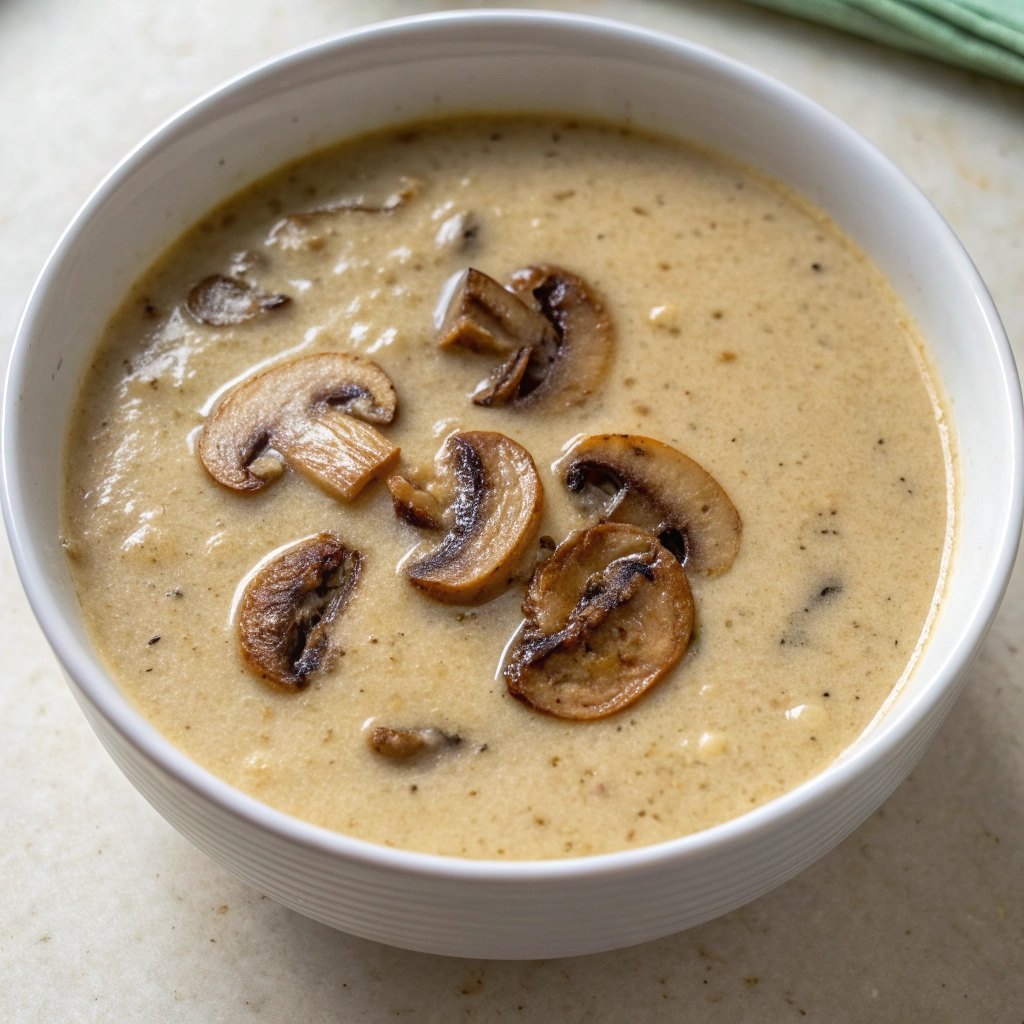 Creamy mushroom soup with sautéed mushrooms served in a white ceramic bowl.