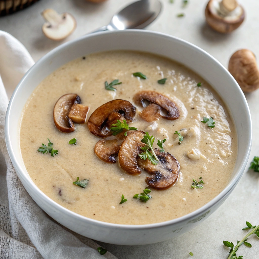 Cream of mushroom soup topped with sautéed mushrooms and fresh herbs in a white bowl.