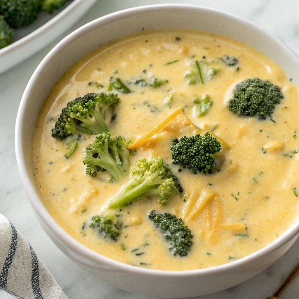Bowl of golden broccoli cheddar soup garnished with shredded cheddar and fresh broccoli.