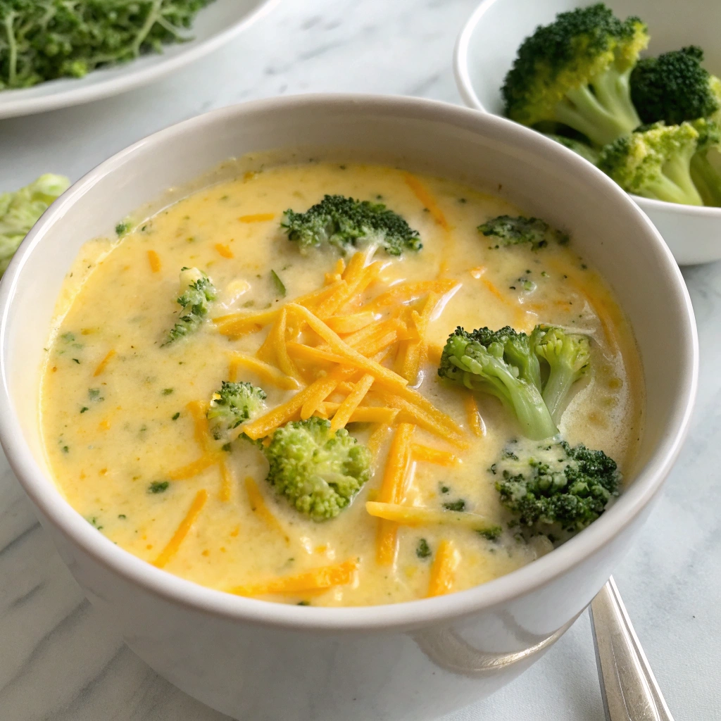Bowl of creamy broccoli cheddar soup topped with shredded cheddar cheese.