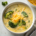 Broccoli cheddar soup in a white bowl with melted cheese and broccoli florets.