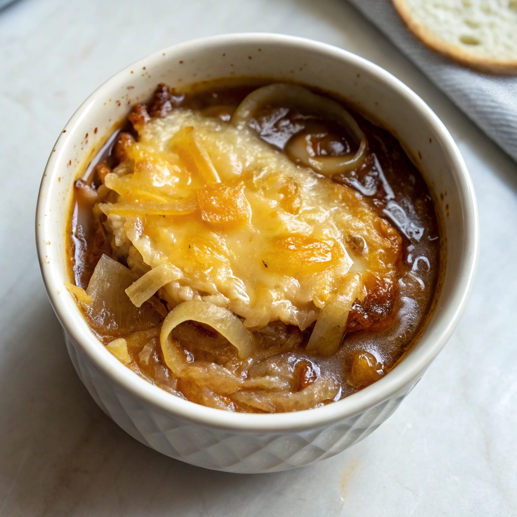 French onion soup topped with melted cheese and caramelized onions in a white ramekin.