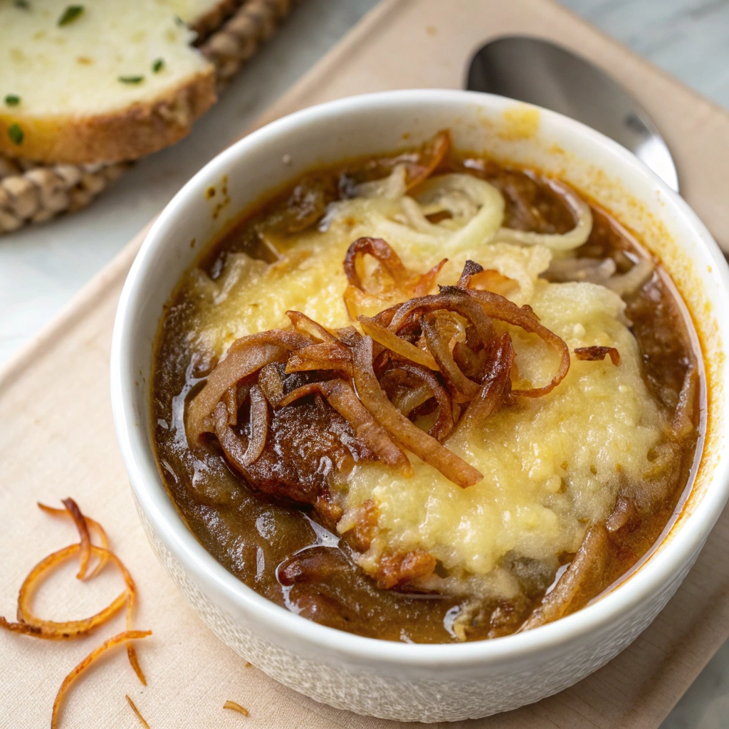 Bowl of French onion soup with melted cheese and crispy caramelized onion topping.