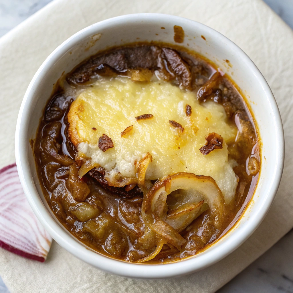Overhead view of French onion soup with toasted bread and broiled cheese in a white bowl.