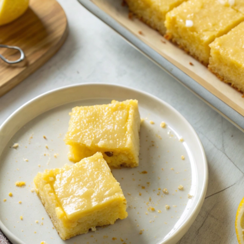 Two fudgy lemon brownies with a glossy lemon topping on a round plate, next to a tray of more blondies.