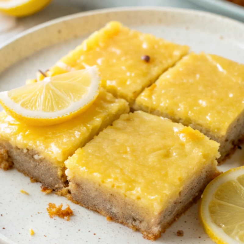 Four fudgy lemon blondies with a golden crust, topped with a lemon wedge and served on a speckled plate.