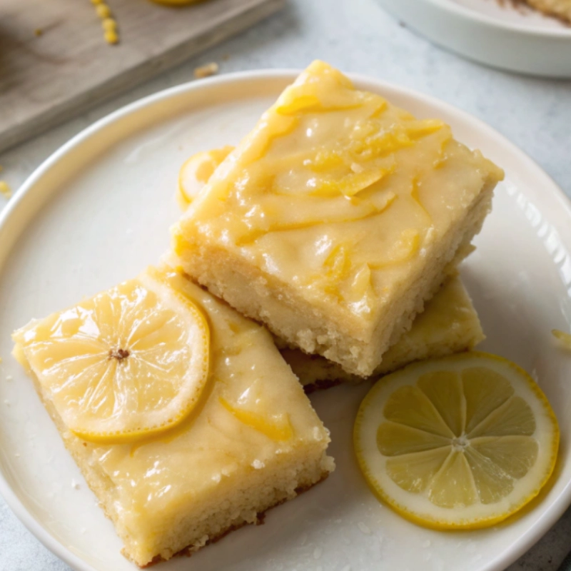 Stacked lemon blondies topped with lemon glaze and lemon slices, served on a white dessert plate.