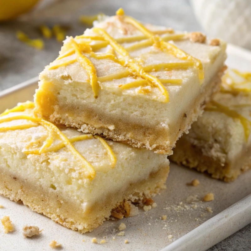 Close-up of lemon truffle blondies garnished with thin lemon slices on a white tray.