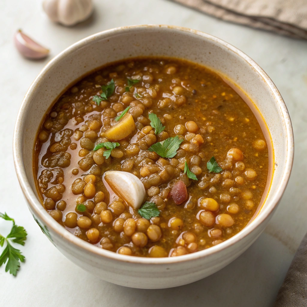 Rustic lentil soup with whole garlic cloves and parsley in a white bowl.
