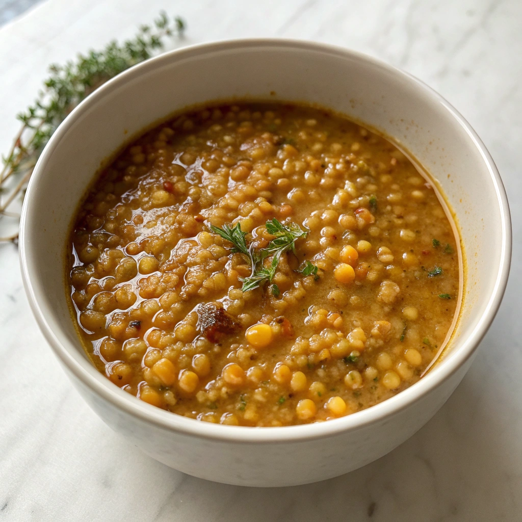 Bowl of lentil soup garnished with fresh herbs, served on a marble surface.