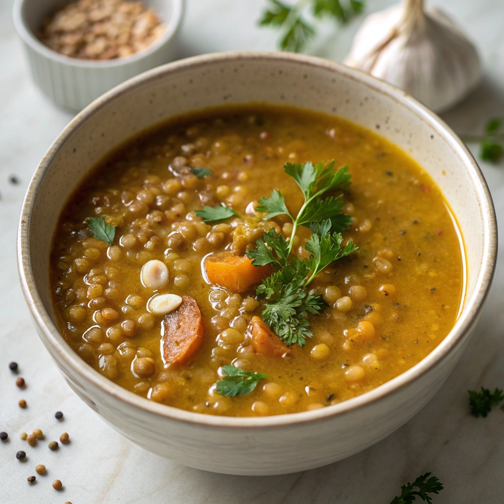 Lentil soup with carrots, parsley, and cumin seeds in a ceramic bowl.