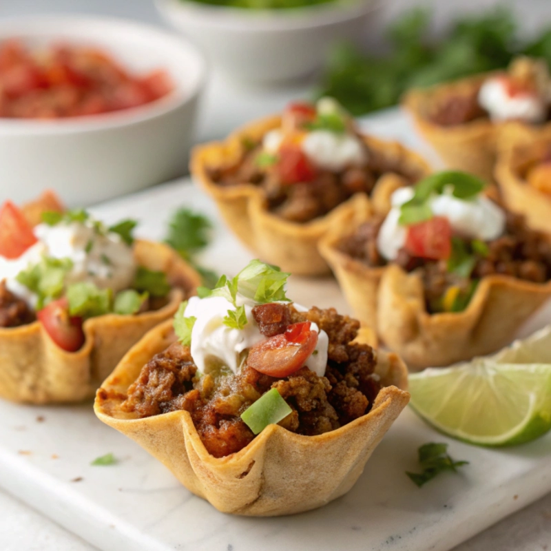Loaded mini taco cups filled with seasoned ground beef, topped with sour cream, diced tomatoes, green peppers, and fresh cilantro on a marble surface.