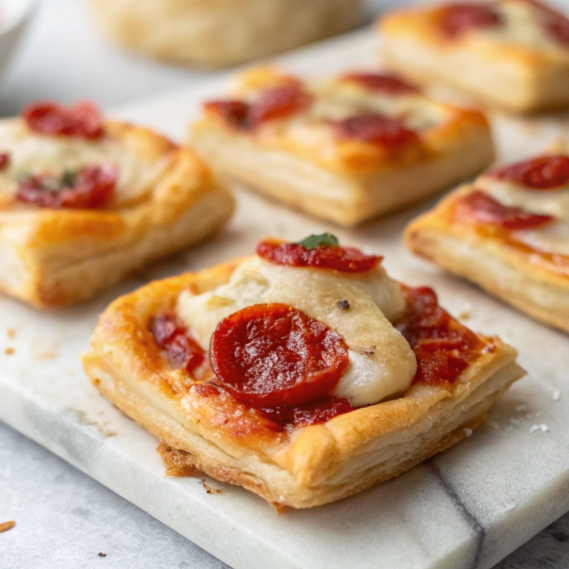 Mini puff pastry pizza bites topped with melted mozzarella and pepperoni on a white marble surface.