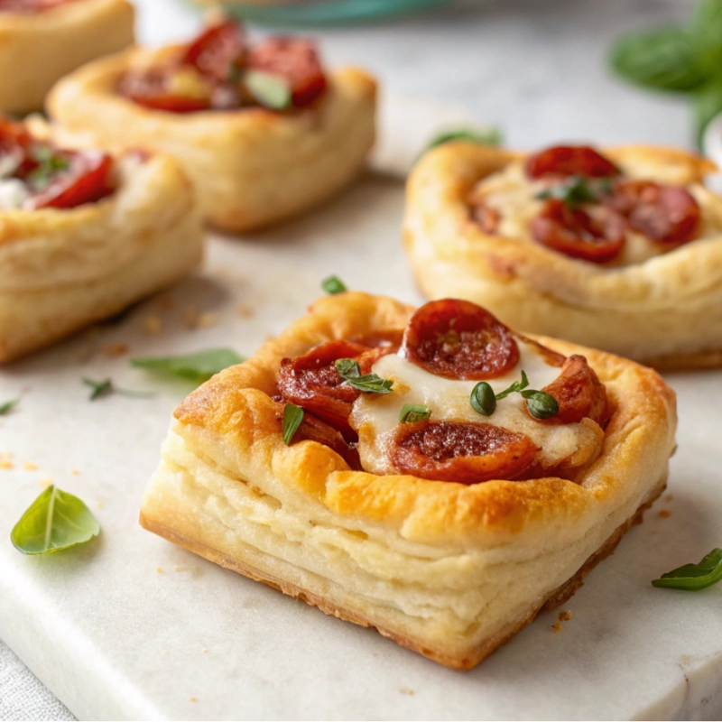 Square puff pastry pizza bites topped with mini pepperoni, melted cheese, and fresh herbs on a marble background.