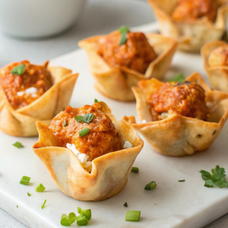 No-Fry Buffalo Chicken Wonton Cups 18 Baked buffalo chicken wonton cups without toppings, garnished with herbs and placed neatly on a white marble platter.