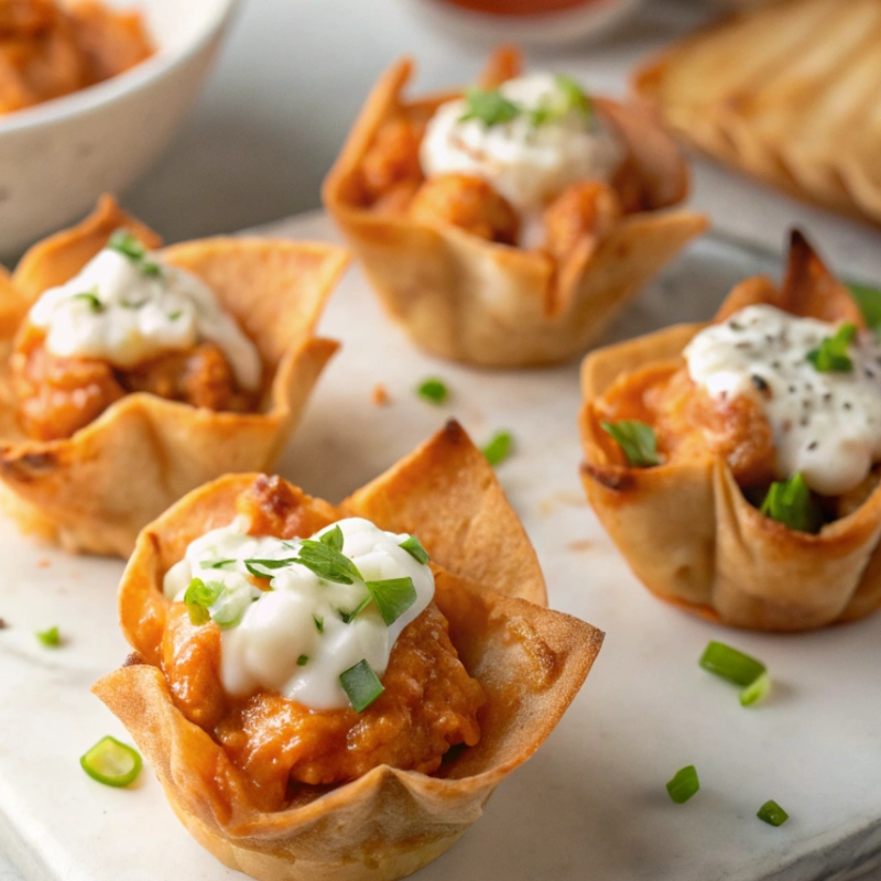 Crispy no-fry buffalo chicken wonton cups topped with sour cream and chopped green onions, arranged on a marble board.