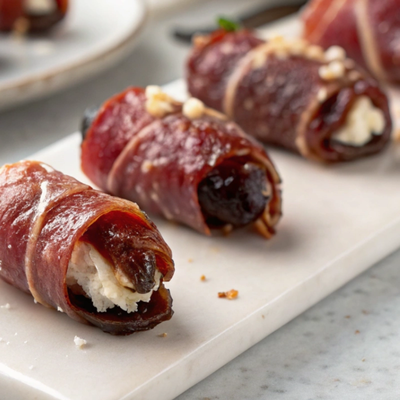 Close-up of prosciutto wrapped stuffed dates with creamy cheese filling, served on a marble board.