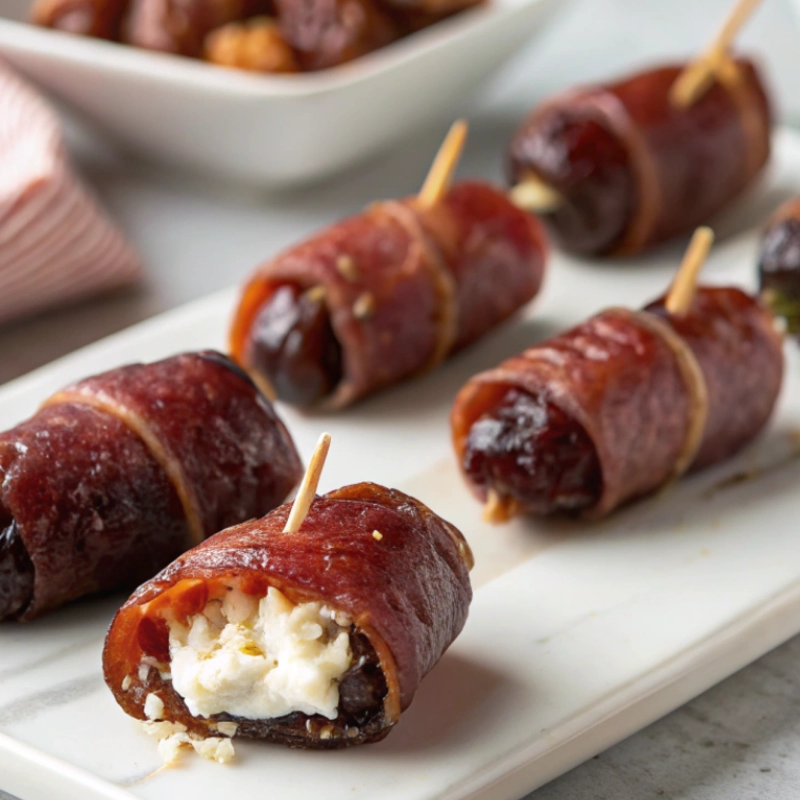 Stuffed dates wrapped in prosciutto, secured with toothpicks and filled with creamy cheese, arranged on a white platter.