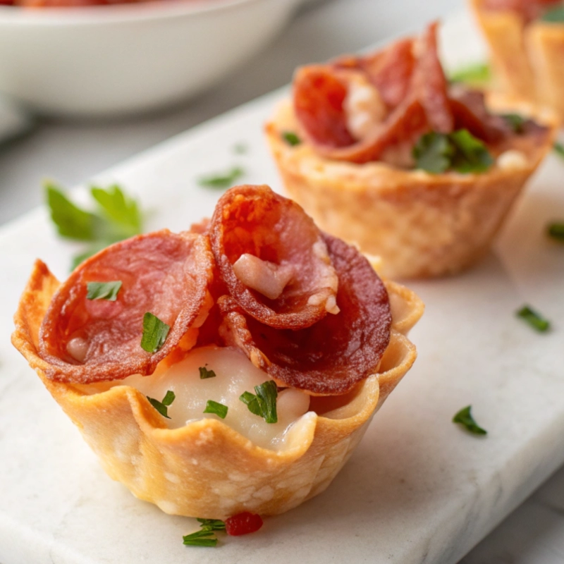 Salami cup appetizer bite filled with melted cheese and garnished with chopped parsley on a marble surface.