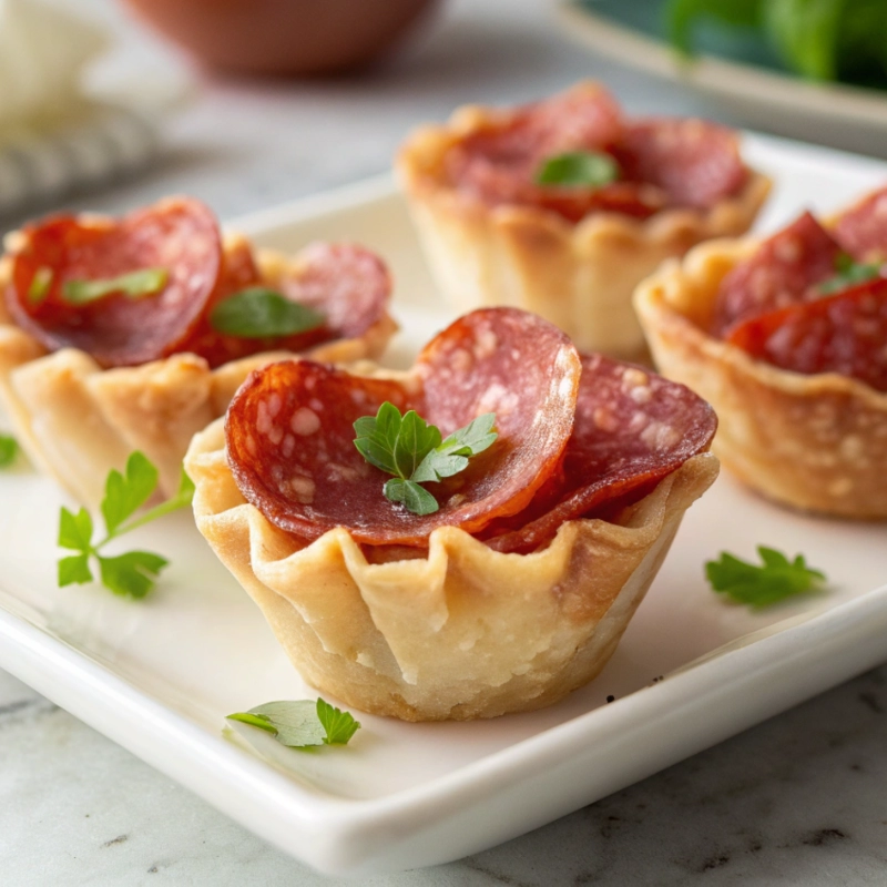 Close-up of crispy salami cup appetizers with folded salami slices and parsley garnish on a white plate.