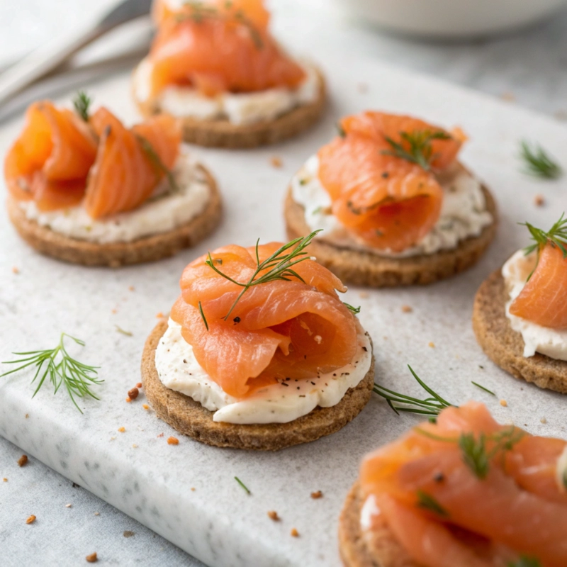 Round smoked salmon bites with creamy cheese spread and black pepper, topped with dill on a white marble serving board.