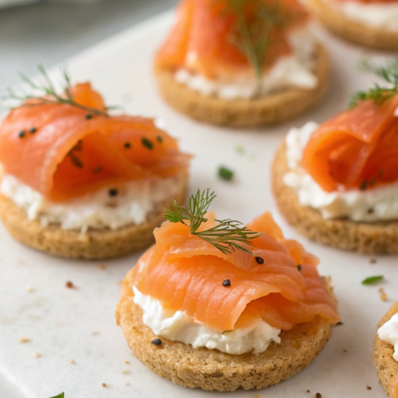 Round smoked salmon bites with cream cheese on crispy bread rounds, garnished with fresh dill and black sesame seeds.