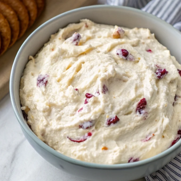 Bowl of sweet heat cream cheese appetizer dip with visible bits of cranberries and spices.