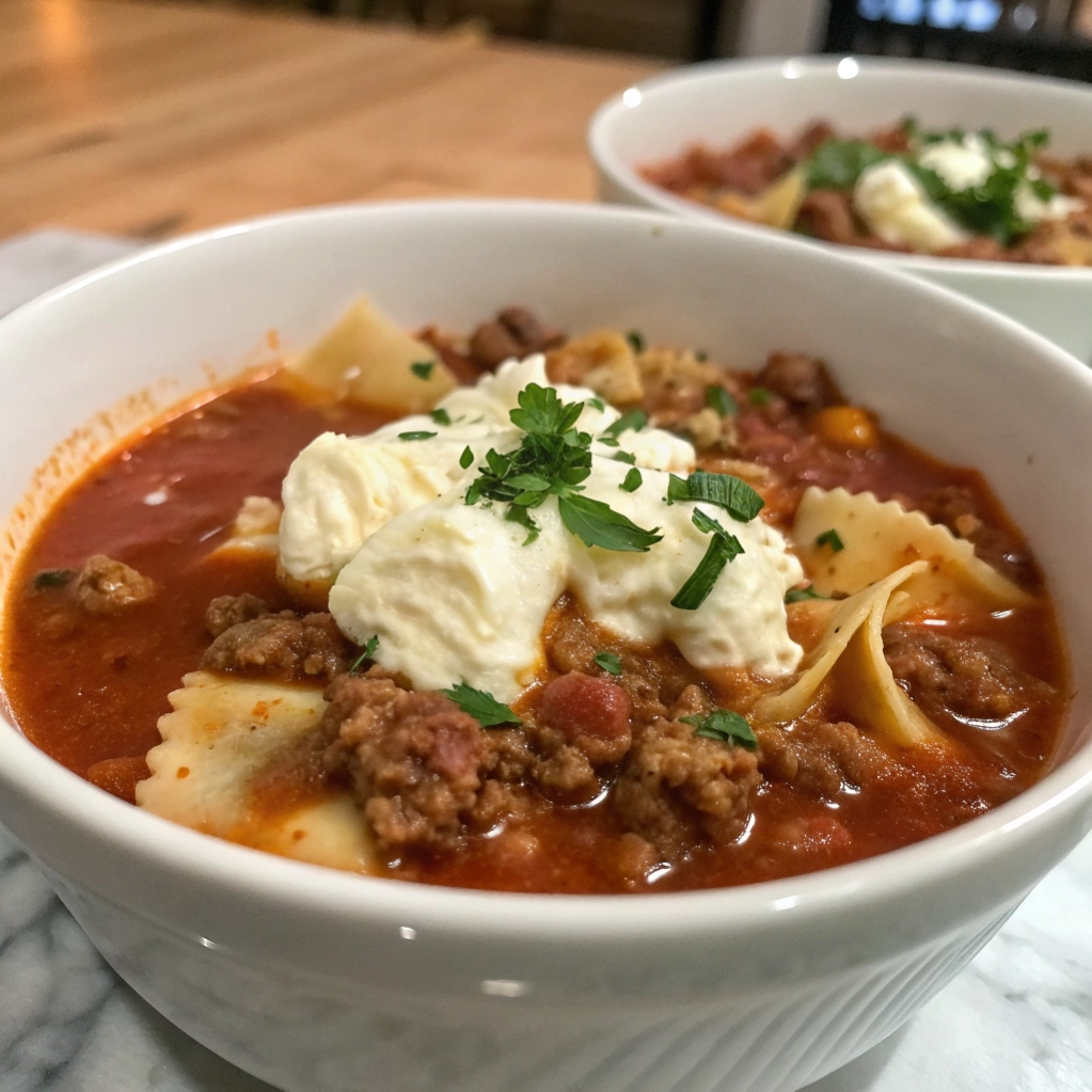 Close up of beef lasagna soup with fresh basil and ricotta.