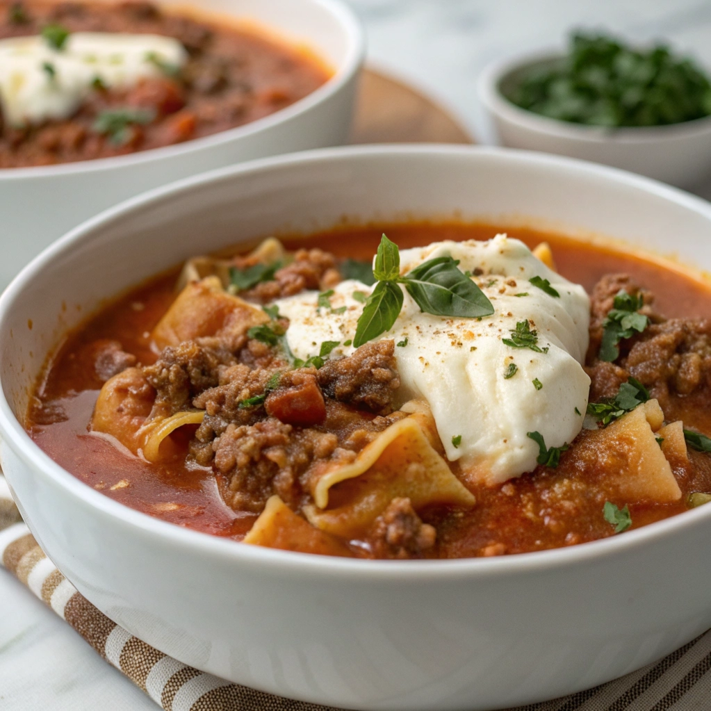 Bowl of lasagna soup with beef sausage, noodles, and ricotta topping.