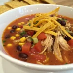 Bowl of chicken tortilla soup with black beans and tortilla strips.