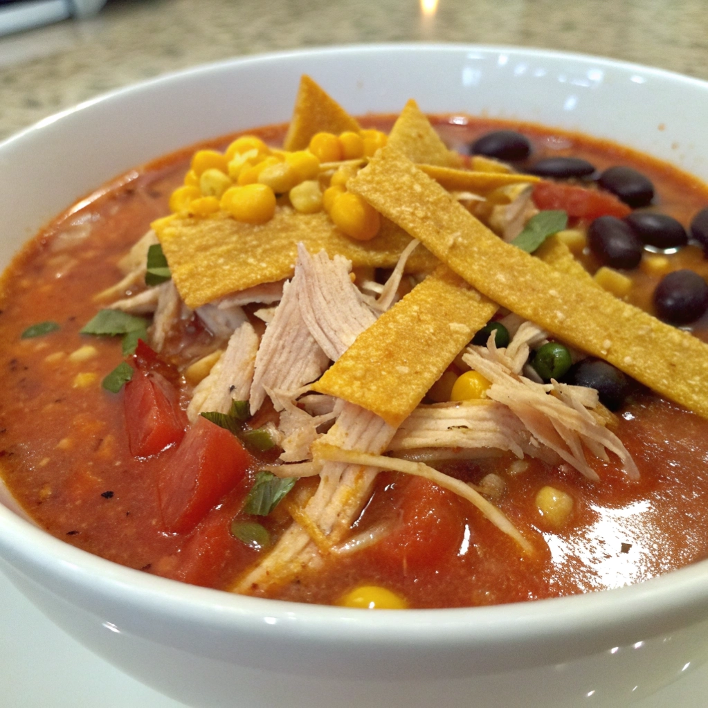 Chicken tortilla soup topped with crispy strips and corn.