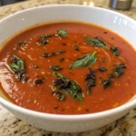 Creamy tomato basil soup garnished with fresh purple and green basil leaves.