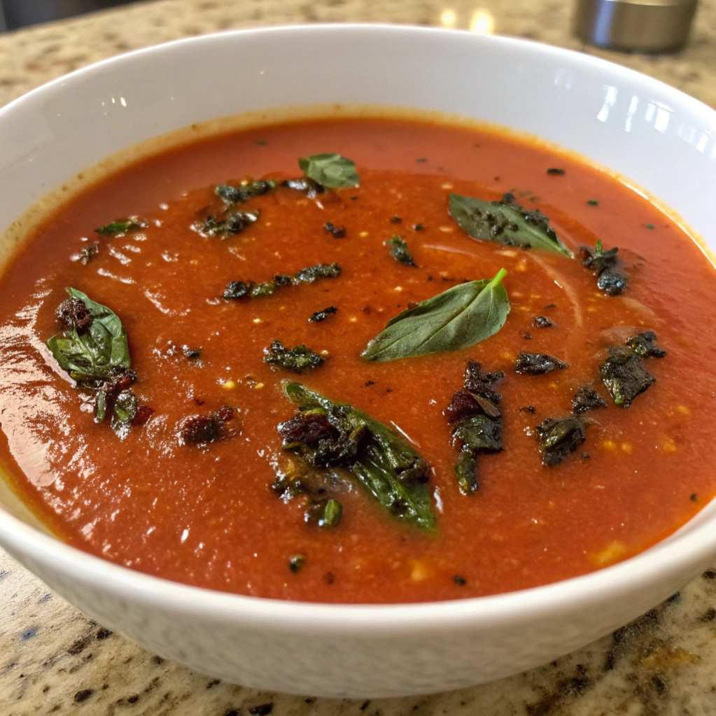 Creamy tomato basil soup garnished with fresh purple and green basil leaves.