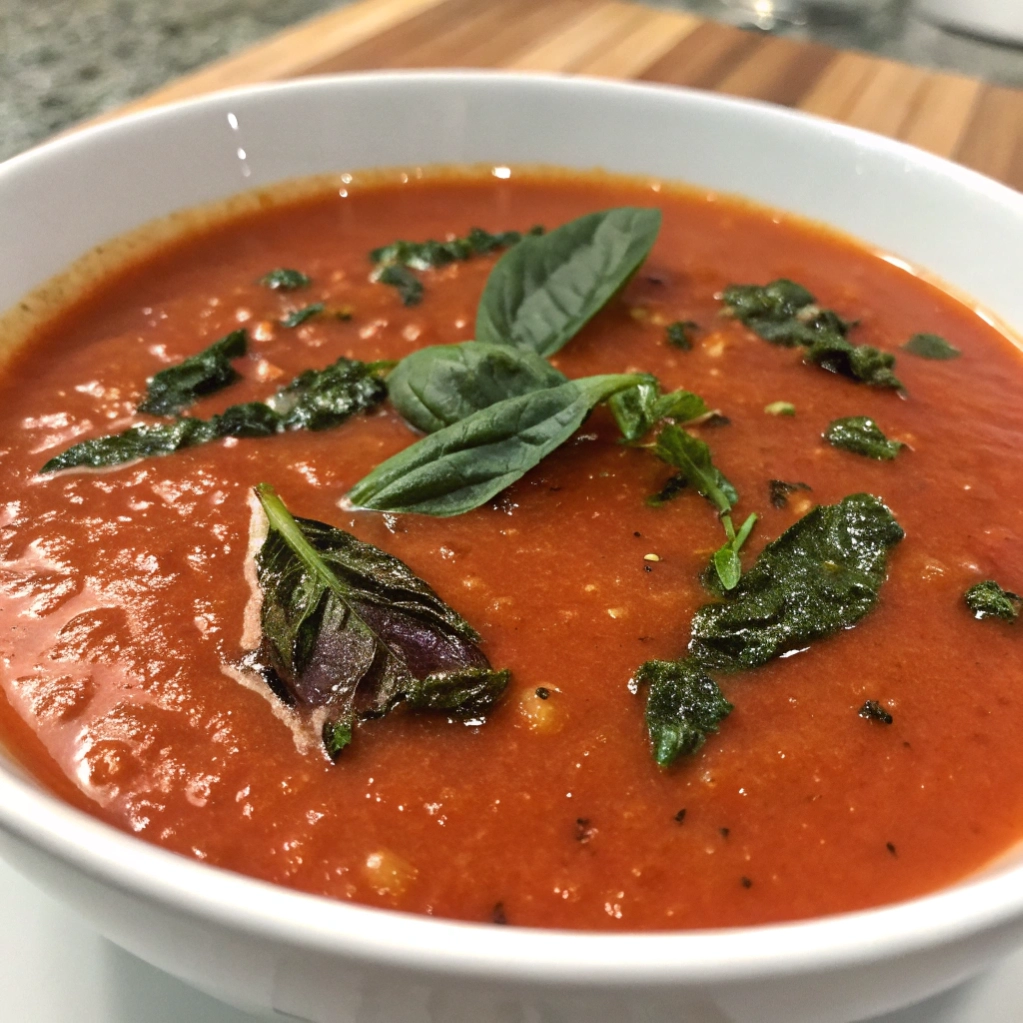Bowl of rich tomato soup topped with basil and black pepper on a countertop.