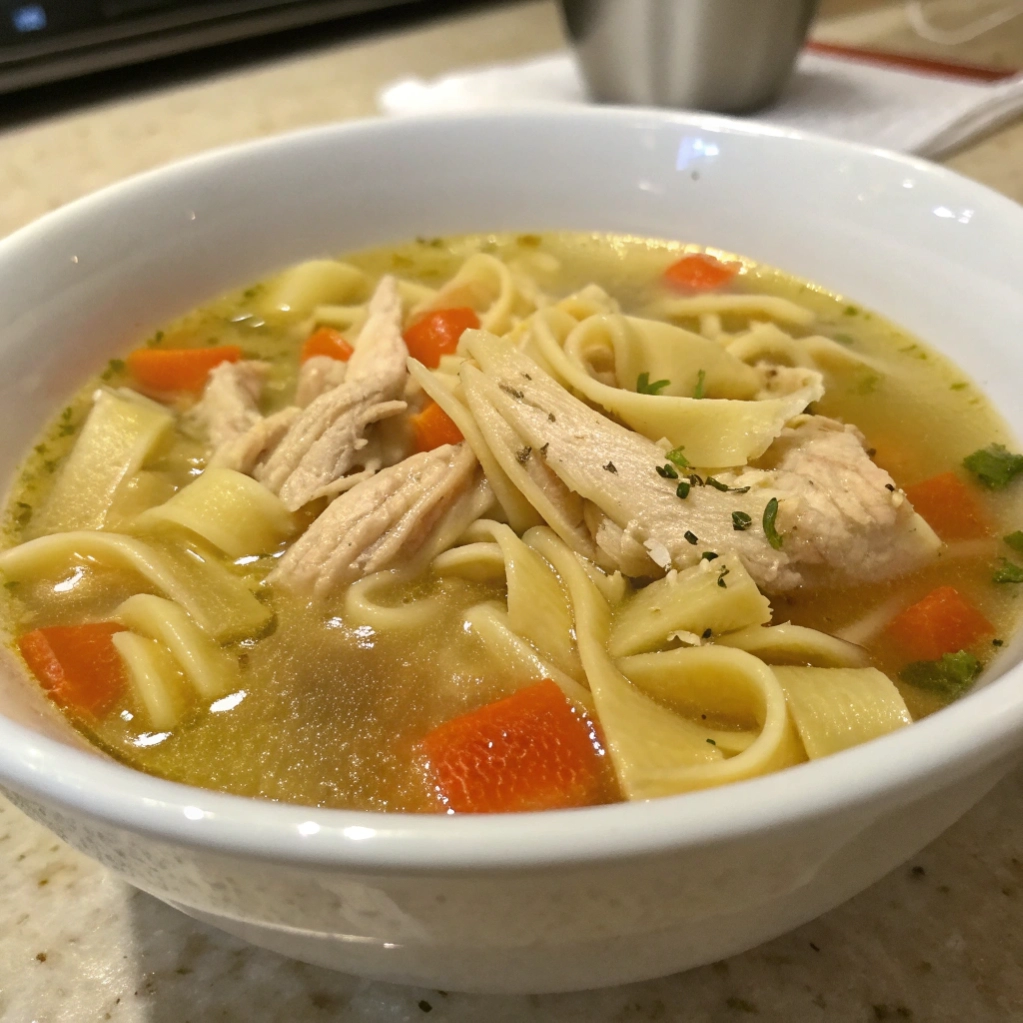 Hearty chicken noodle soup with thick egg noodles and large chunks of white meat chicken.