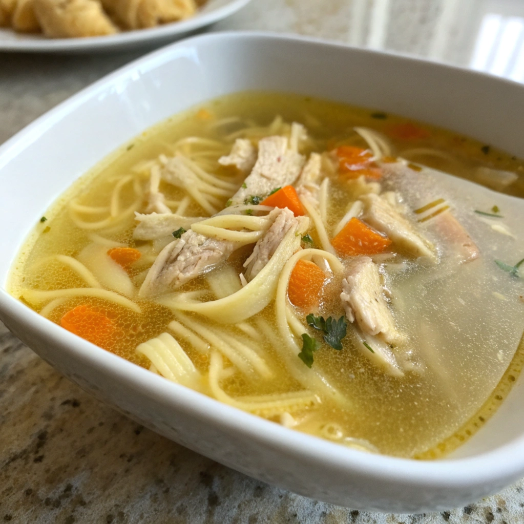 Close-up of chicken noodle soup with green onions and parsley garnish in a white square bowl.
