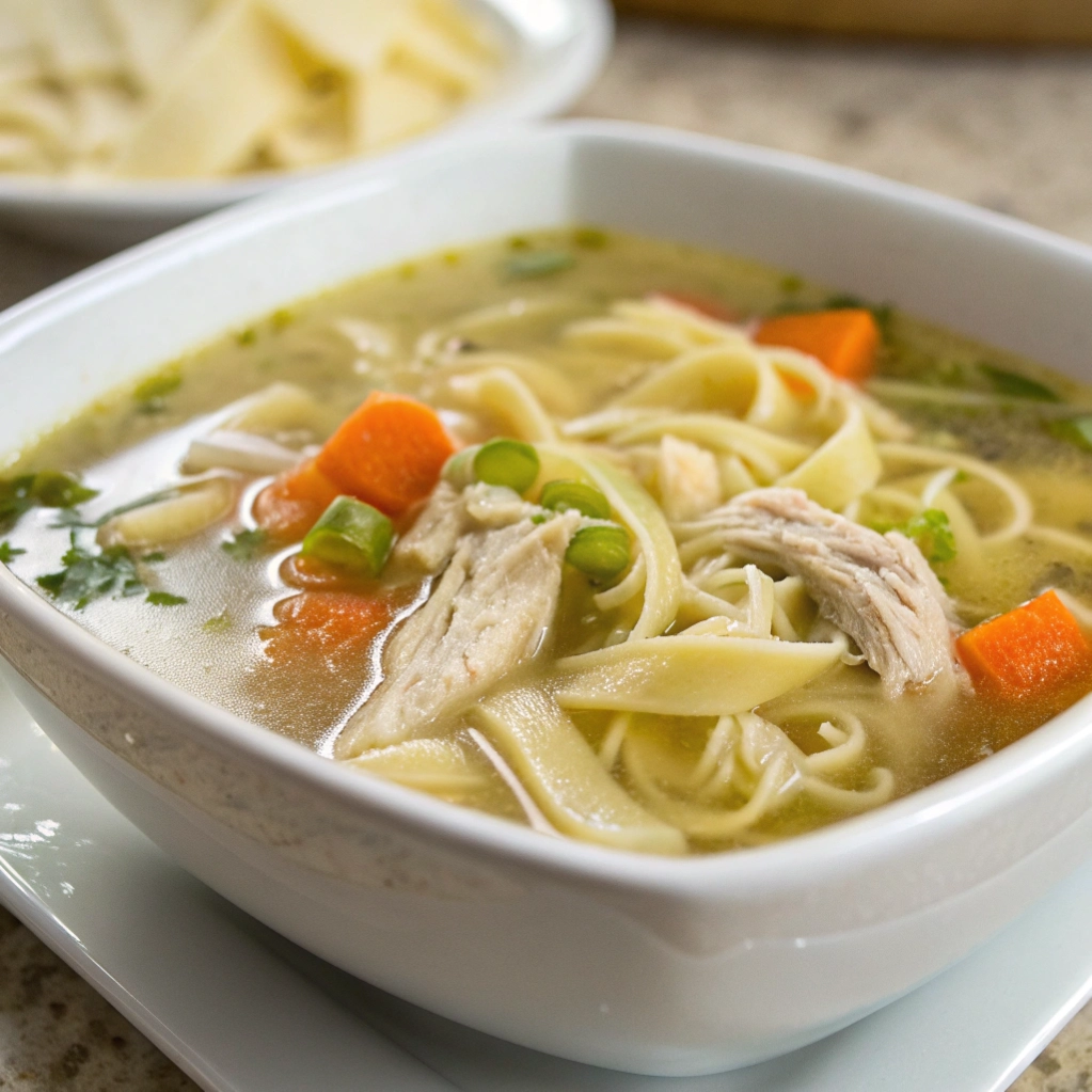 Classic chicken noodle soup with shredded chicken, carrots, and egg noodles in a clear golden broth.