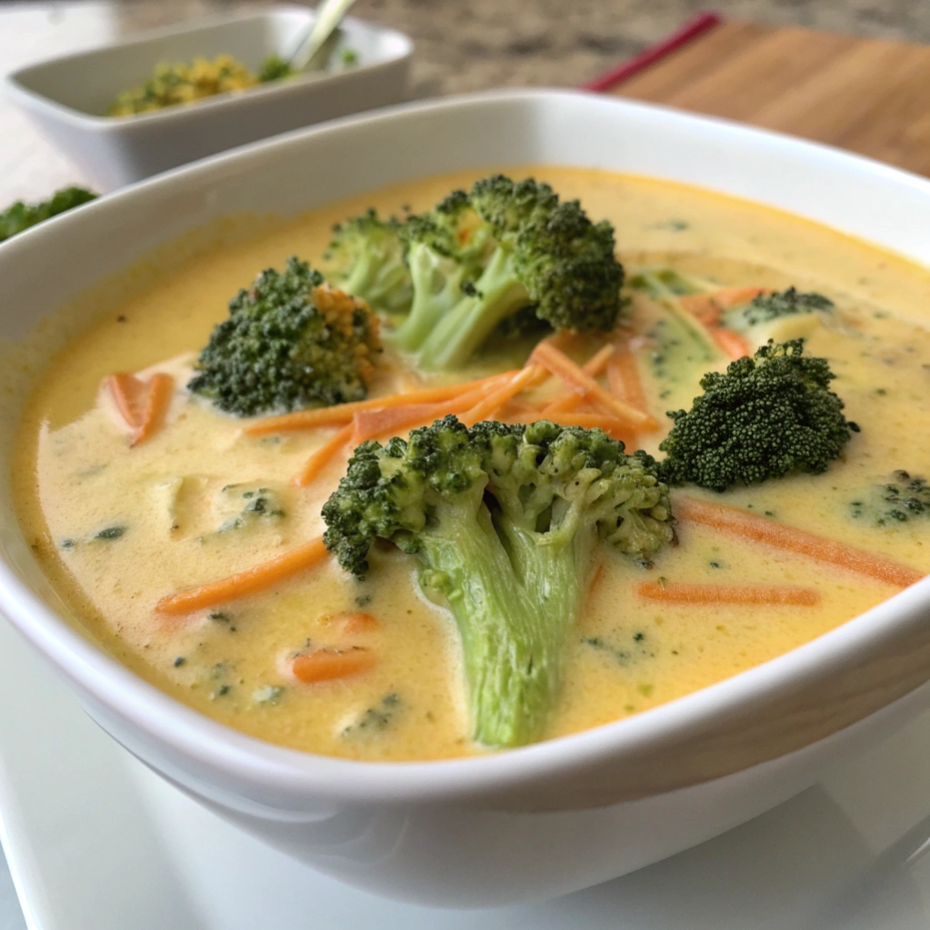 Close up of creamy cheese soup with broccoli and carrots.