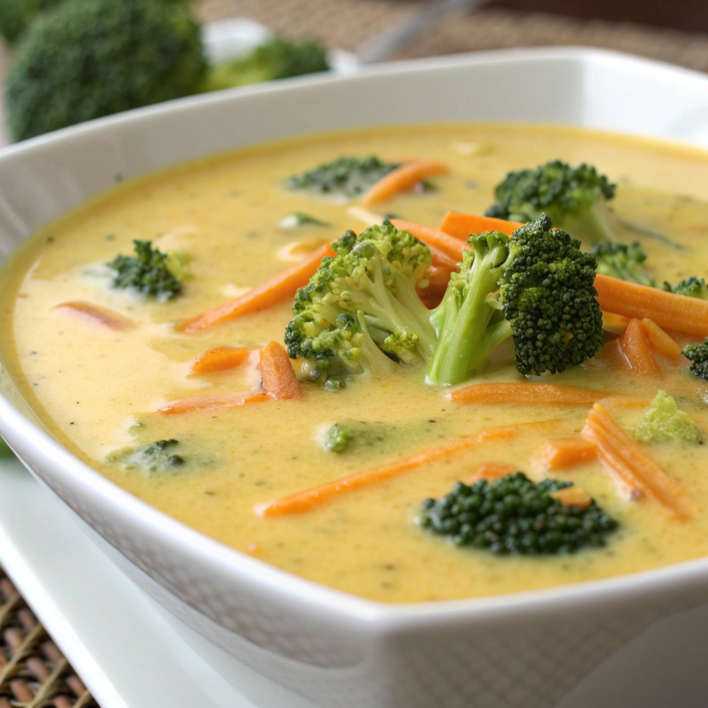Bowl of broccoli cheddar soup with carrots and broccoli in a white square bowl.