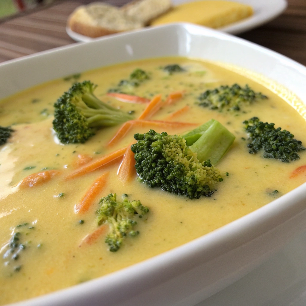 Creamy broccoli cheddar soup topped with shredded carrots and broccoli florets.
