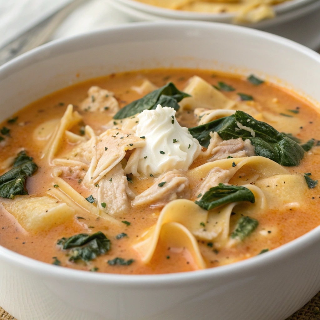 Creamy chicken lasagna soup with spinach and shredded parmesan.